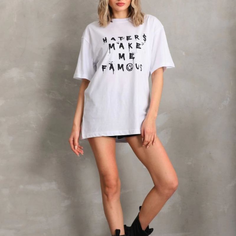 Kadın ön ve arka Baskılı Oversize Kısa kol  T-Shirt - Beyaz